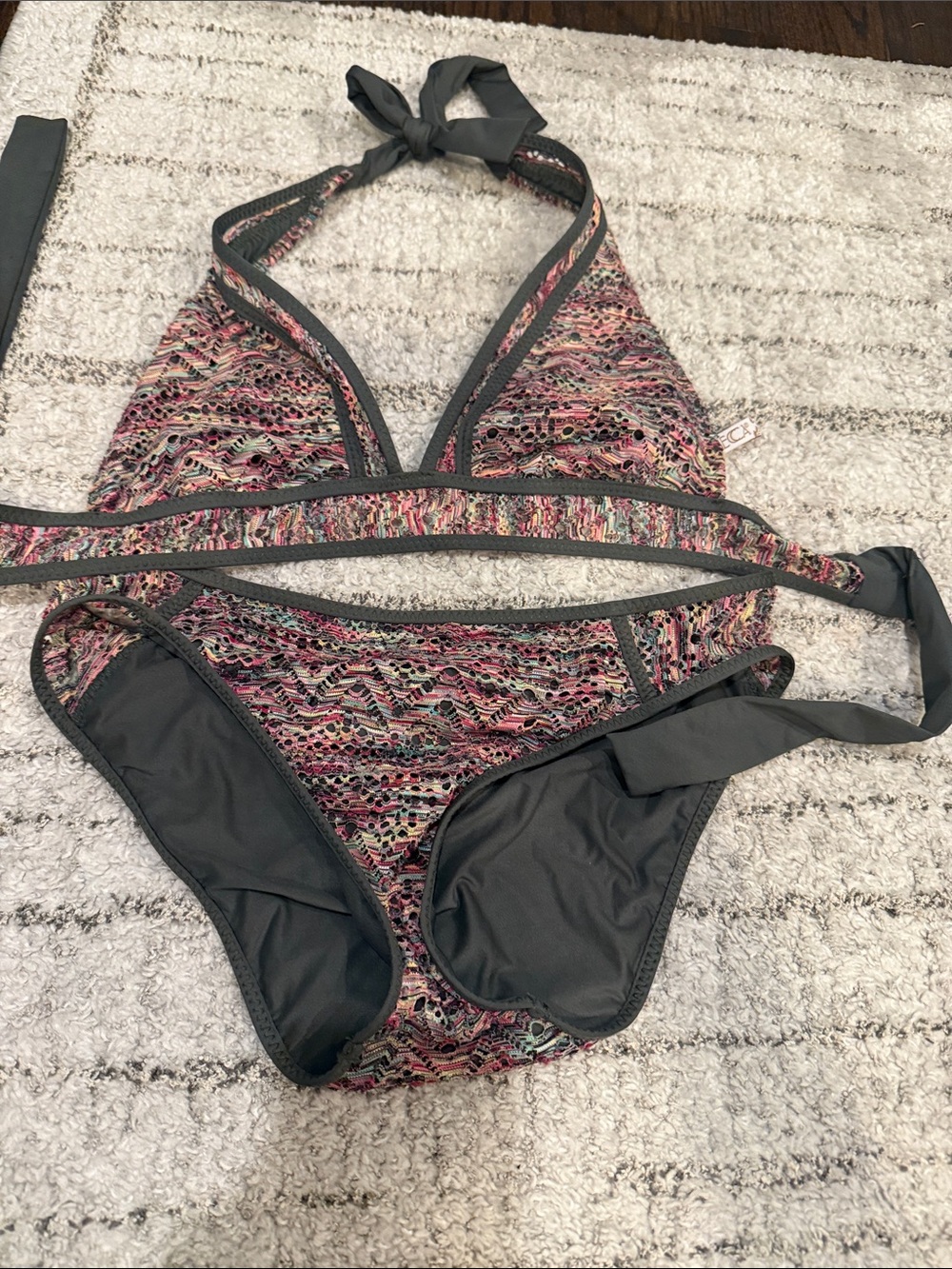 BECCA Multicolor Patterned Halter Bikini with Charcoal Trim